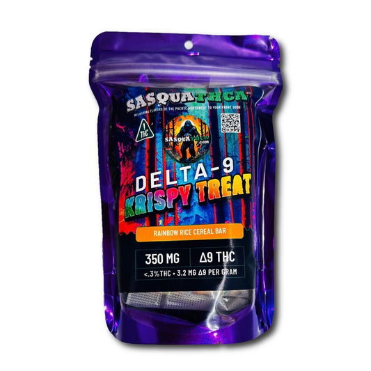 SasquaTHCa Rainbow Rice Cereal Bar - A colorful, crispy THCa-infused rice cereal treat made with fruity marshmallows, delivering a potent yet delicious cannabis edible experience.