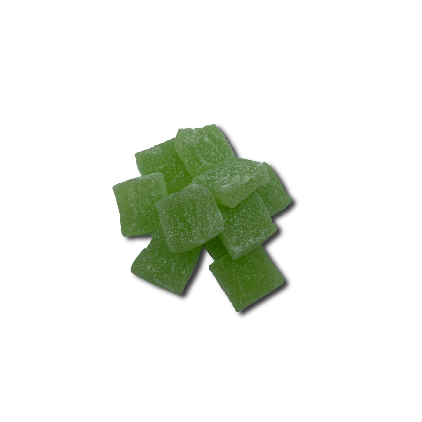 A small pile of SasquaTHCa Watermelon Gummies, featuring their bright green color, chewy texture, and the sweet, refreshing taste of ripe watermelon infused with THCa.