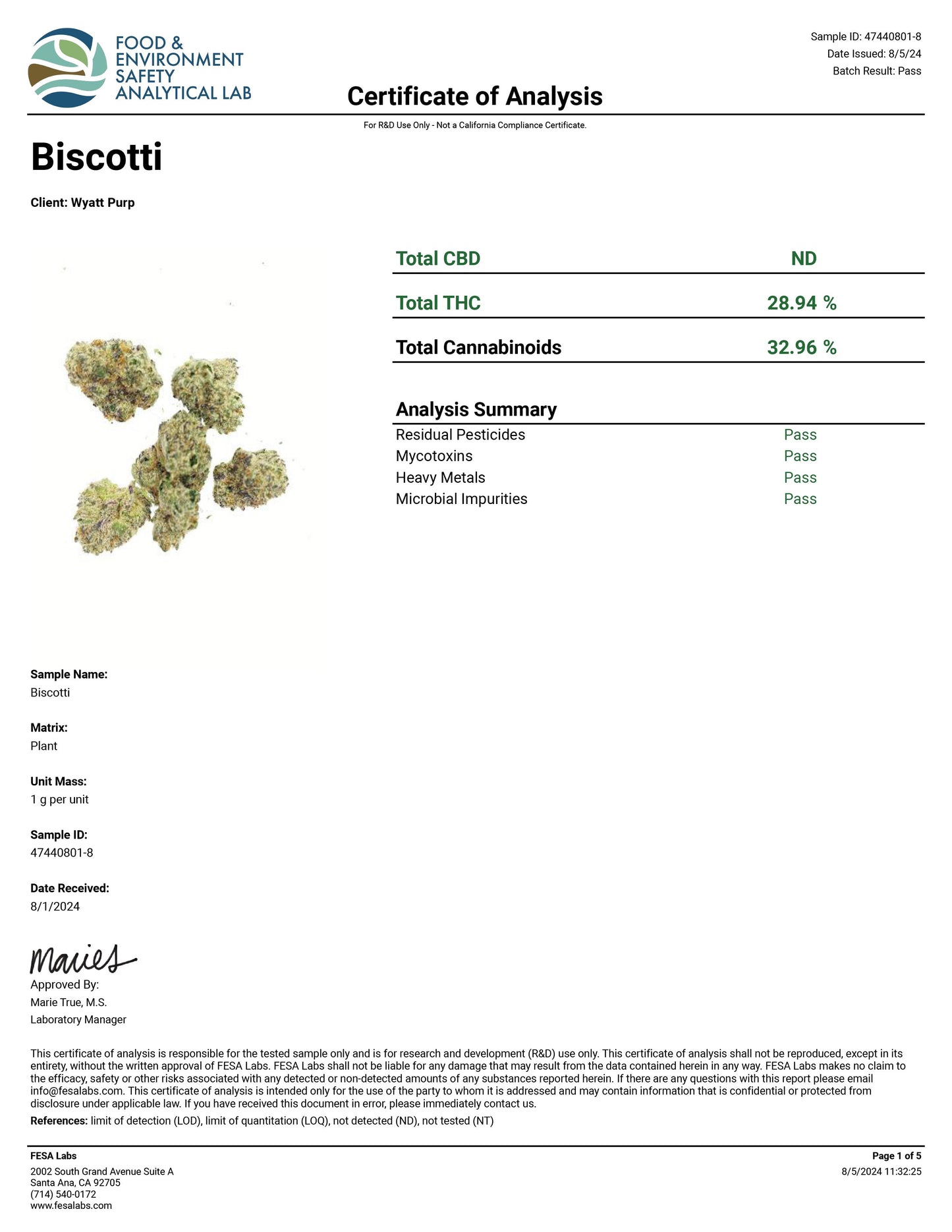 SasquaTHCa Biscotti Certificate of Analysis