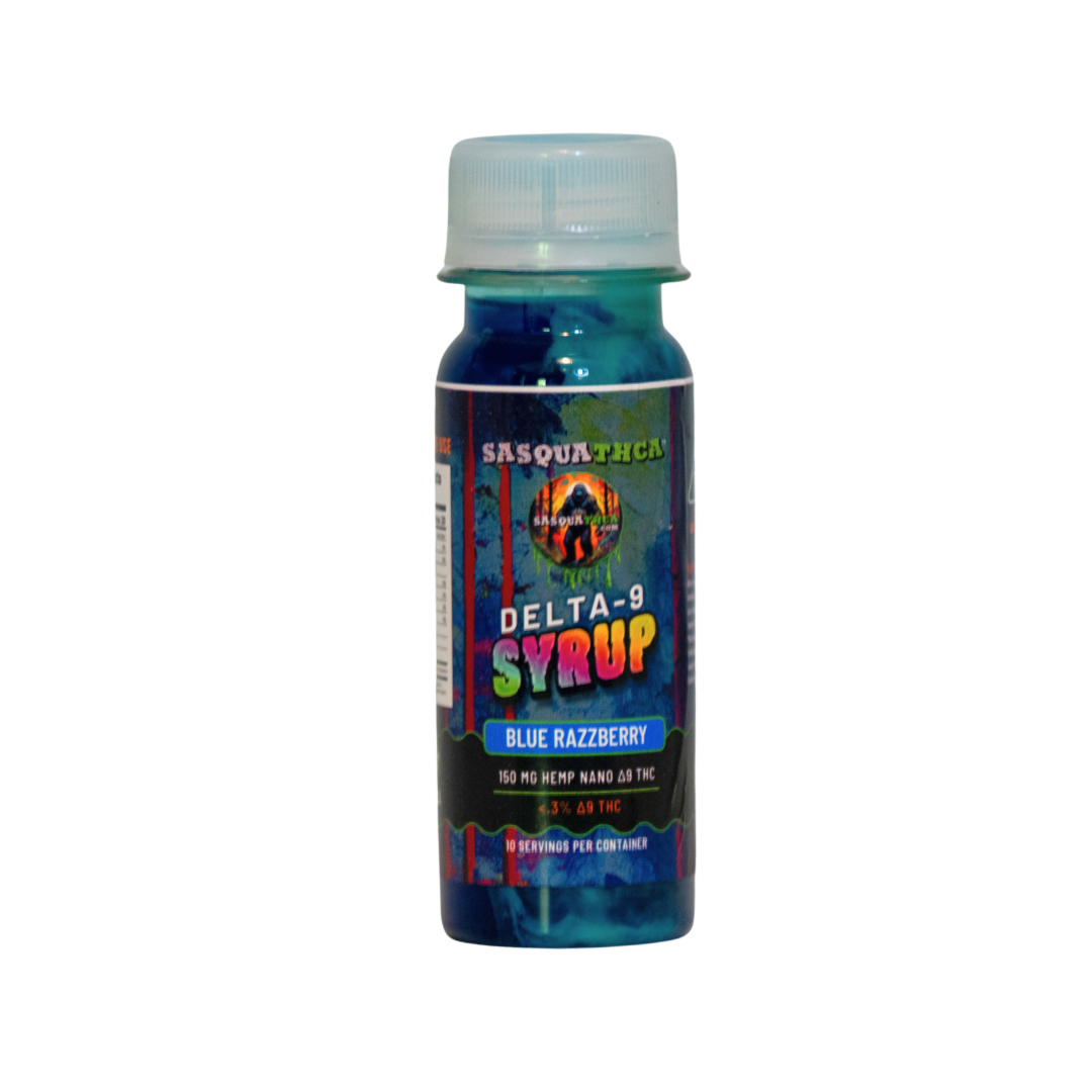 Front view of SasquaTHCa Blue Razzberry Syrup bottle, showcasing the vibrant label design with a bold blue raspberry theme, highlighting this THCa-infused liquid edible's sweet and tangy flavor.