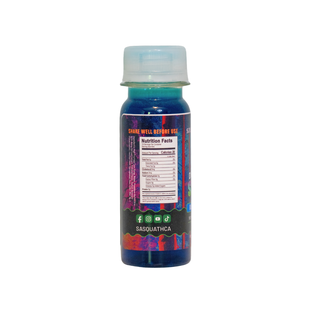 Back view of SasquaTHCa Blue Razzberry Syrup bottle, displaying product details, nutritional information, ingredients, and usage instructions for this Delta-9 infused liquid edible.