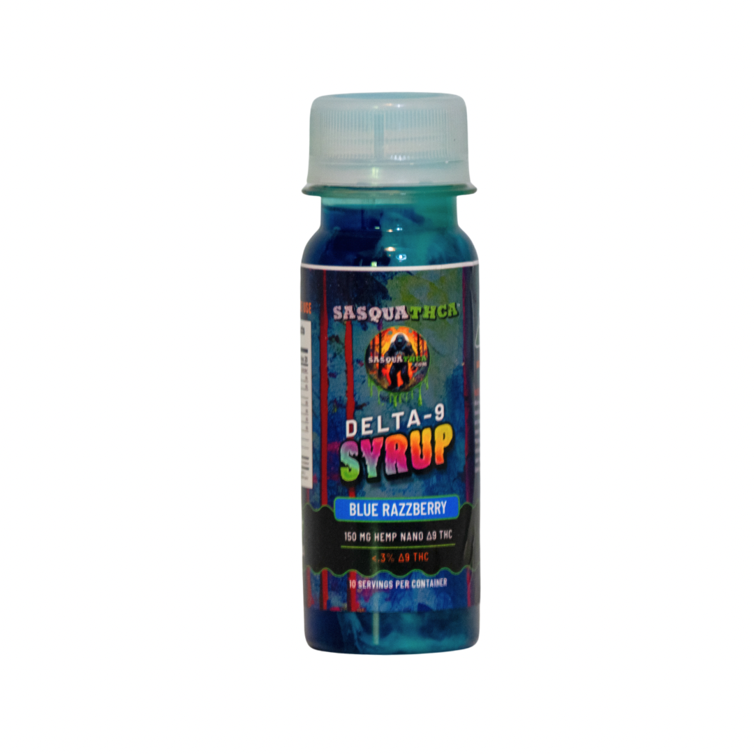 Front view of SasquaTHCa Blue Razzberry Syrup bottle, showcasing the vibrant label design with a bold blue raspberry theme, highlighting this Delta-9 infused liquid edible's sweet and tangy flavor.