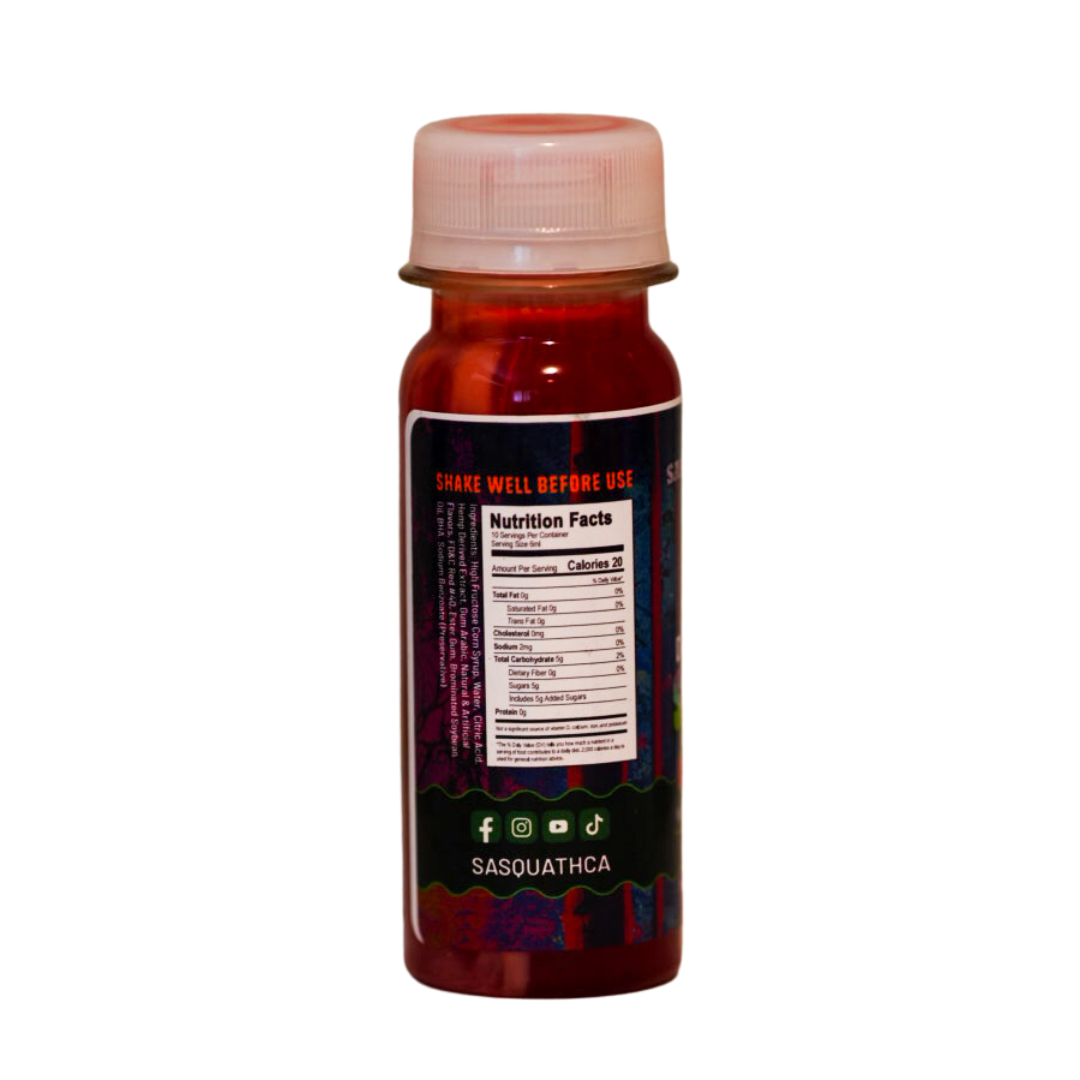 Back view of SasquaTHCa Fruit Punch Syrup bottle, displaying product details, nutritional information, ingredients, and usage instructions for this Delta-9 infused liquid edible.