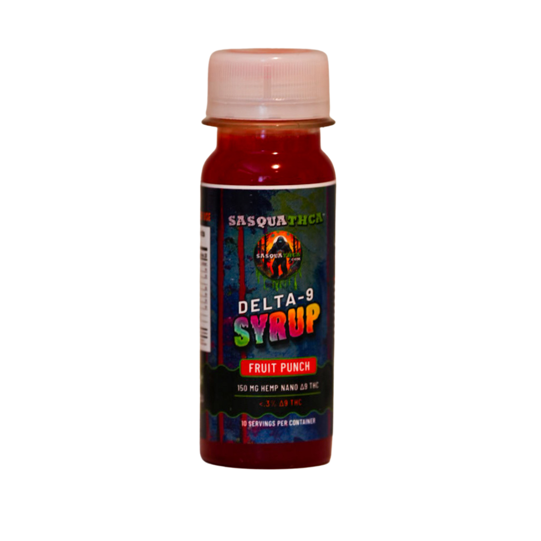 Front view of SasquaTHCa Fruit Punch Syrup bottle, showcasing the vibrant label design with a rich red fruit punch theme, highlighting this Delta-9 infused liquid edible’s bold and juicy tropical flavor.