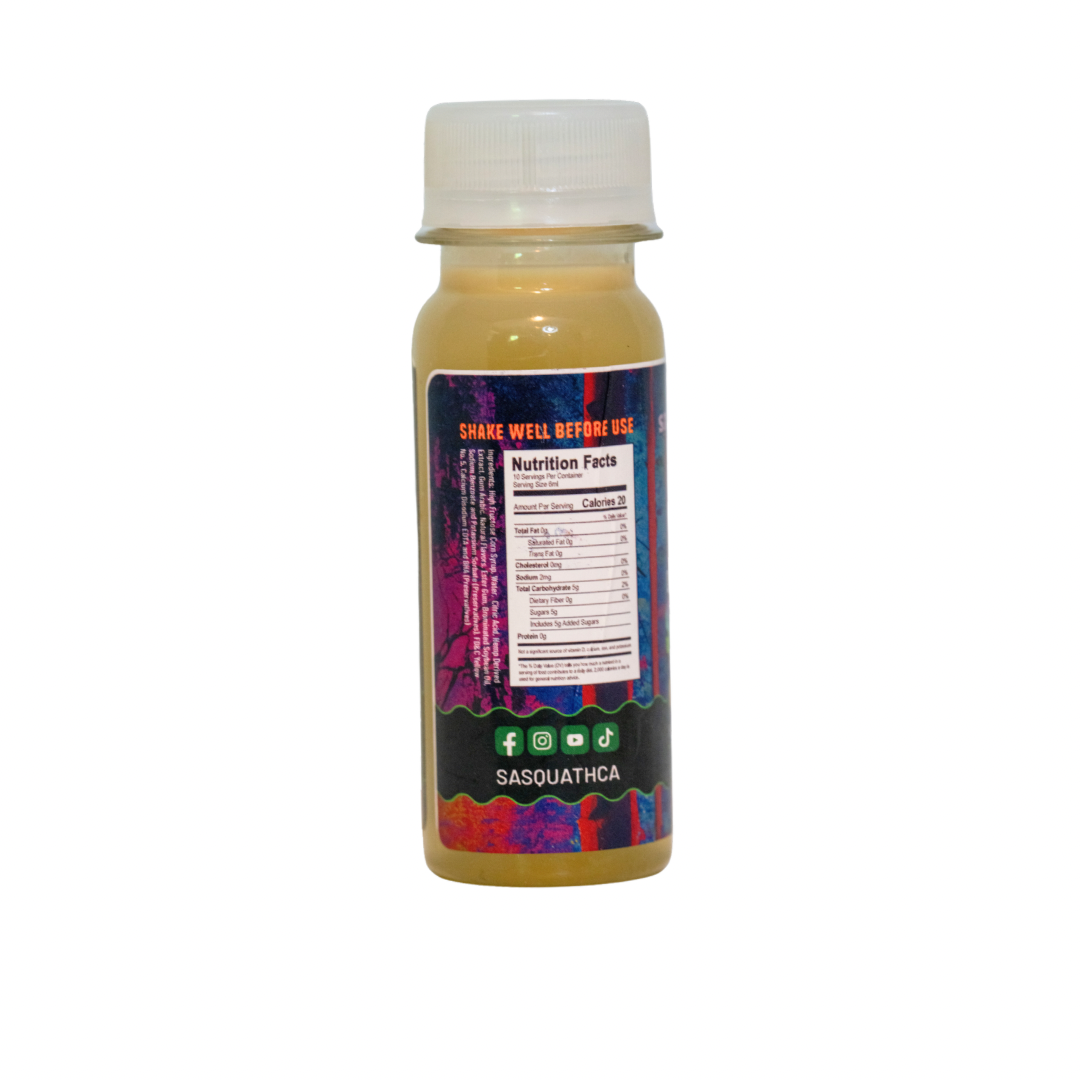 Back view of SasquaTHCa Lemonade Syrup bottle, displaying product details, nutritional information, ingredients, and usage instructions for this Delta-9 infused liquid edible.
