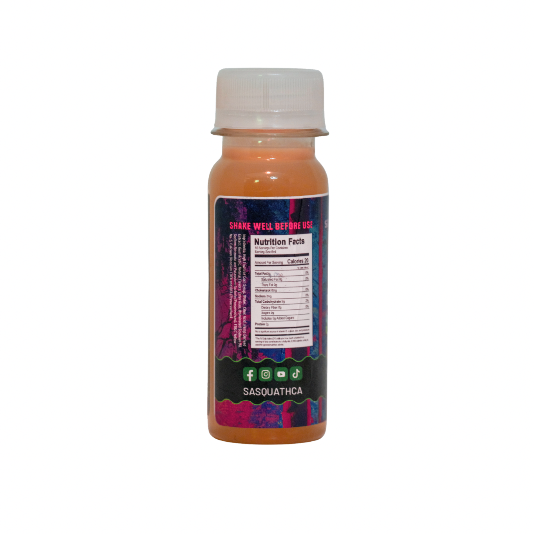 Back view of SasquaTHCa Mango Syrup bottle, displaying product details, nutritional information, ingredients, and usage instructions for this Delta-9 infused liquid edible.