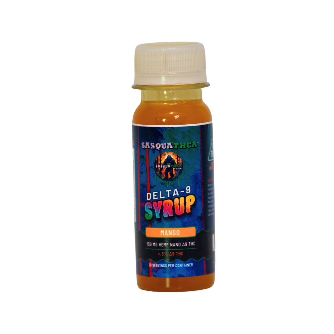 Front view of SasquaTHCa Mango Syrup bottle, featuring a vibrant orange label design that highlights the sweet and tropical mango flavor of this Delta-9 infused liquid edible.