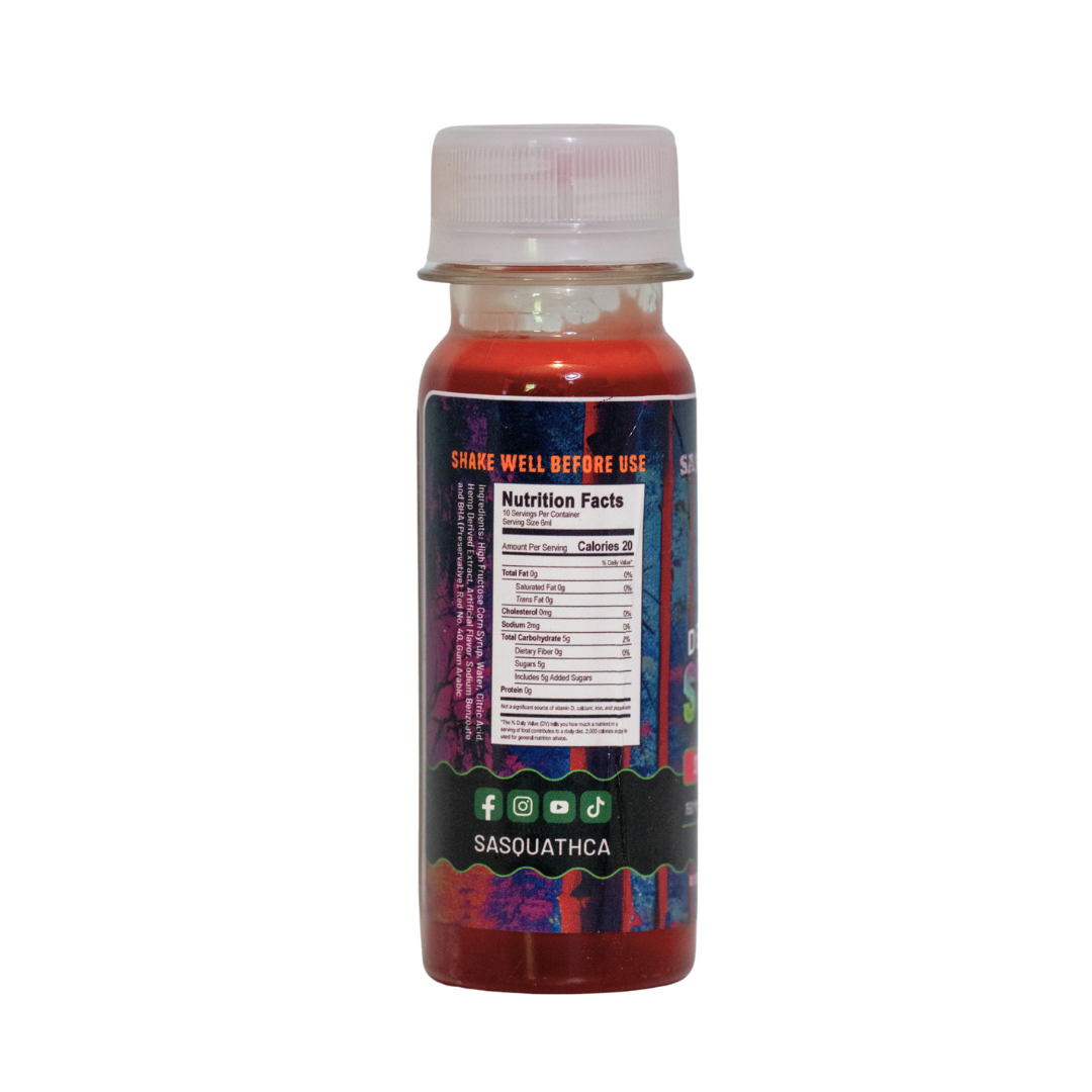 Back view of SasquaTHCa Strawberry Syrup bottle, displaying product details, nutritional information, ingredients, and usage instructions for this Delta-9 infused liquid edible.