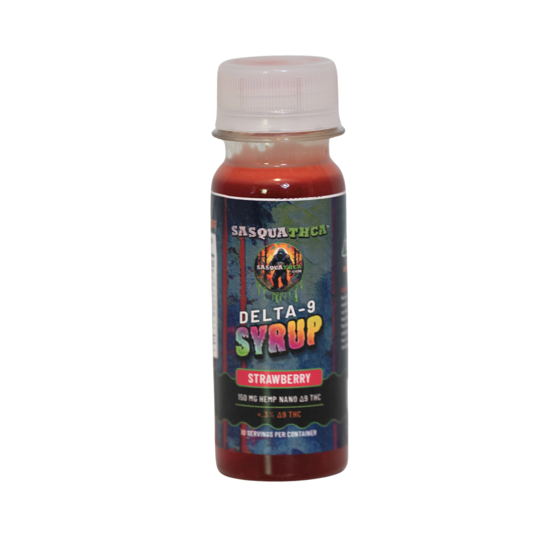 Front view of SasquaTHCa Strawberry Syrup bottle, featuring a vibrant red label design that highlights the sweet and juicy strawberry flavor of this Delta-9 infused liquid edible.