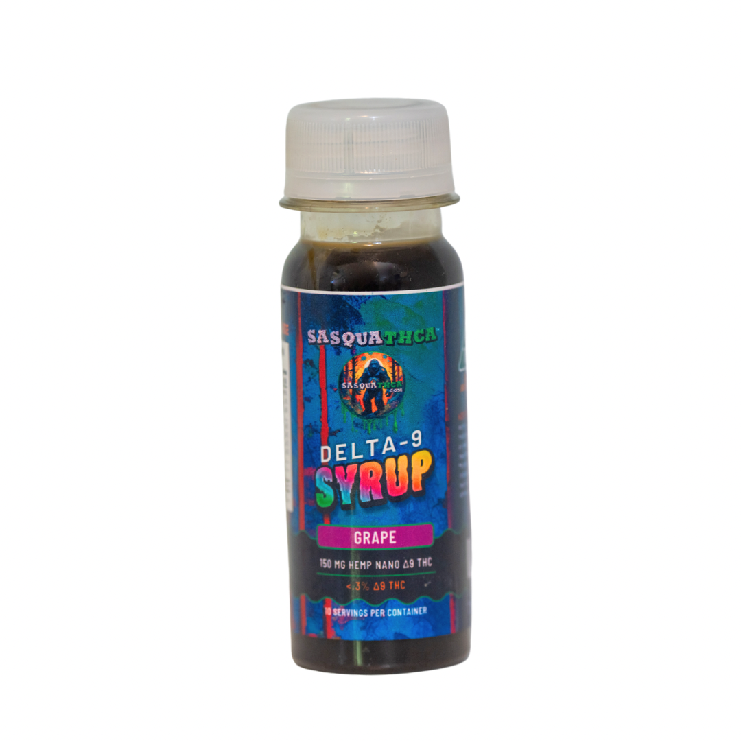 Front view of SasquaTHCa Grape Syrup bottle, featuring a rich purple label design that highlights the bold and juicy grape flavor of this THCa-infused liquid edible.
