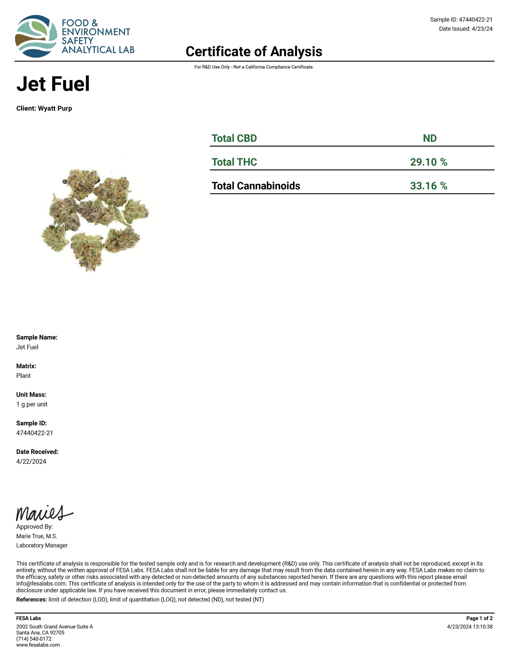 SasquaTHCa Jet Fuel Certificate of Analysis