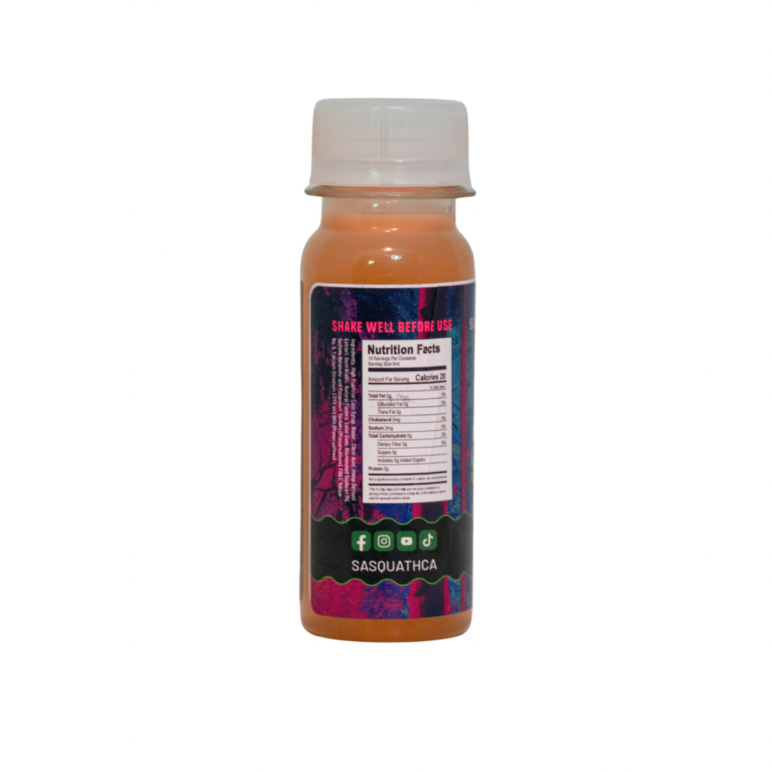 Back view of SasquaTHCa Mango Syrup bottle, displaying product details, nutritional information, ingredients, and usage instructions for this THCa-infused liquid edible.