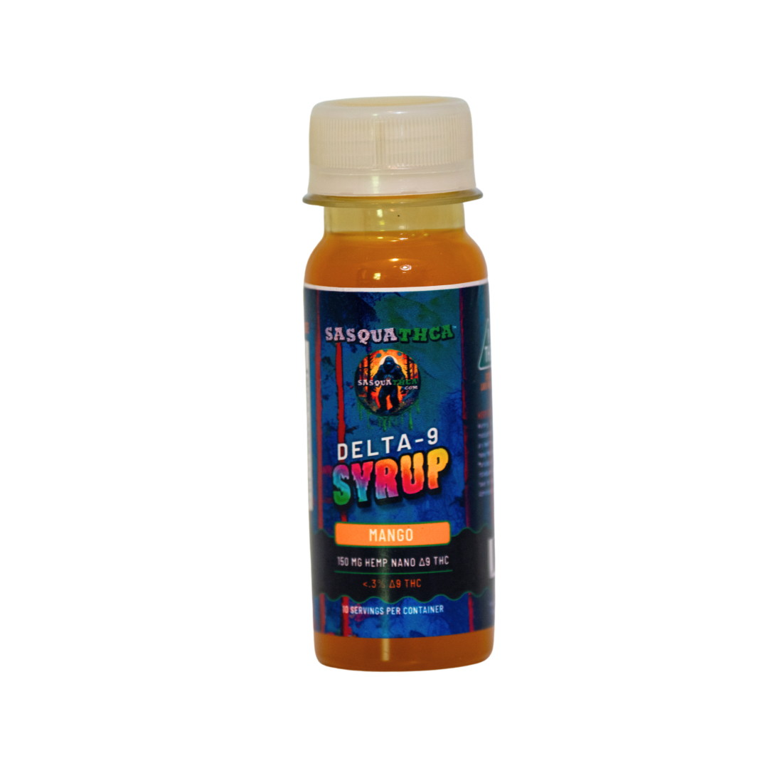 Front view of SasquaTHCa Mango Syrup bottle, featuring a vibrant orange label design that highlights the sweet and tropical mango flavor of this THCa-infused liquid edible.