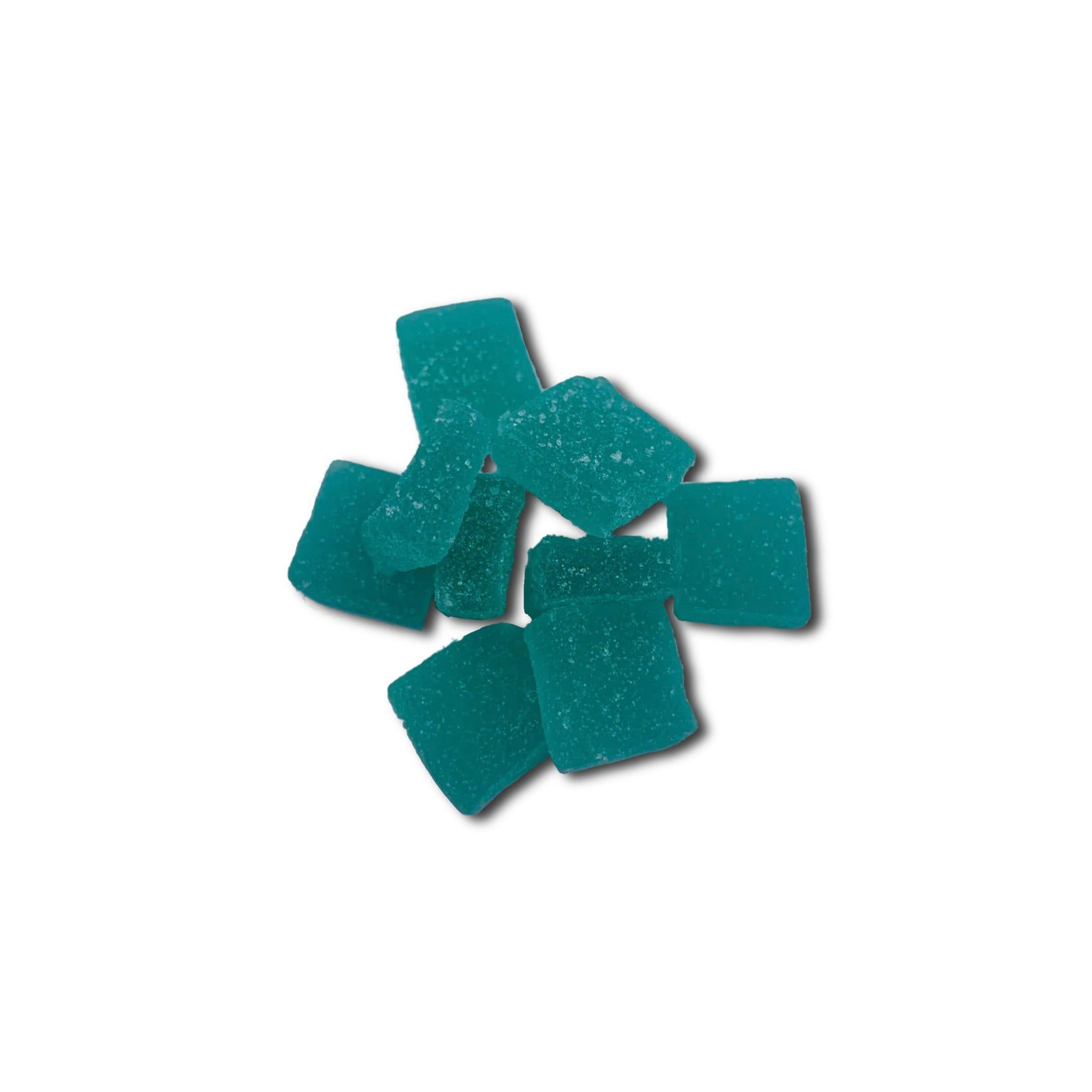 A small pile of SasquaTHCa Blueberry Lemonade Gummies, showcasing their vibrant purple and yellow colors, chewy texture, and sweet-tart THCa-infused flavor.