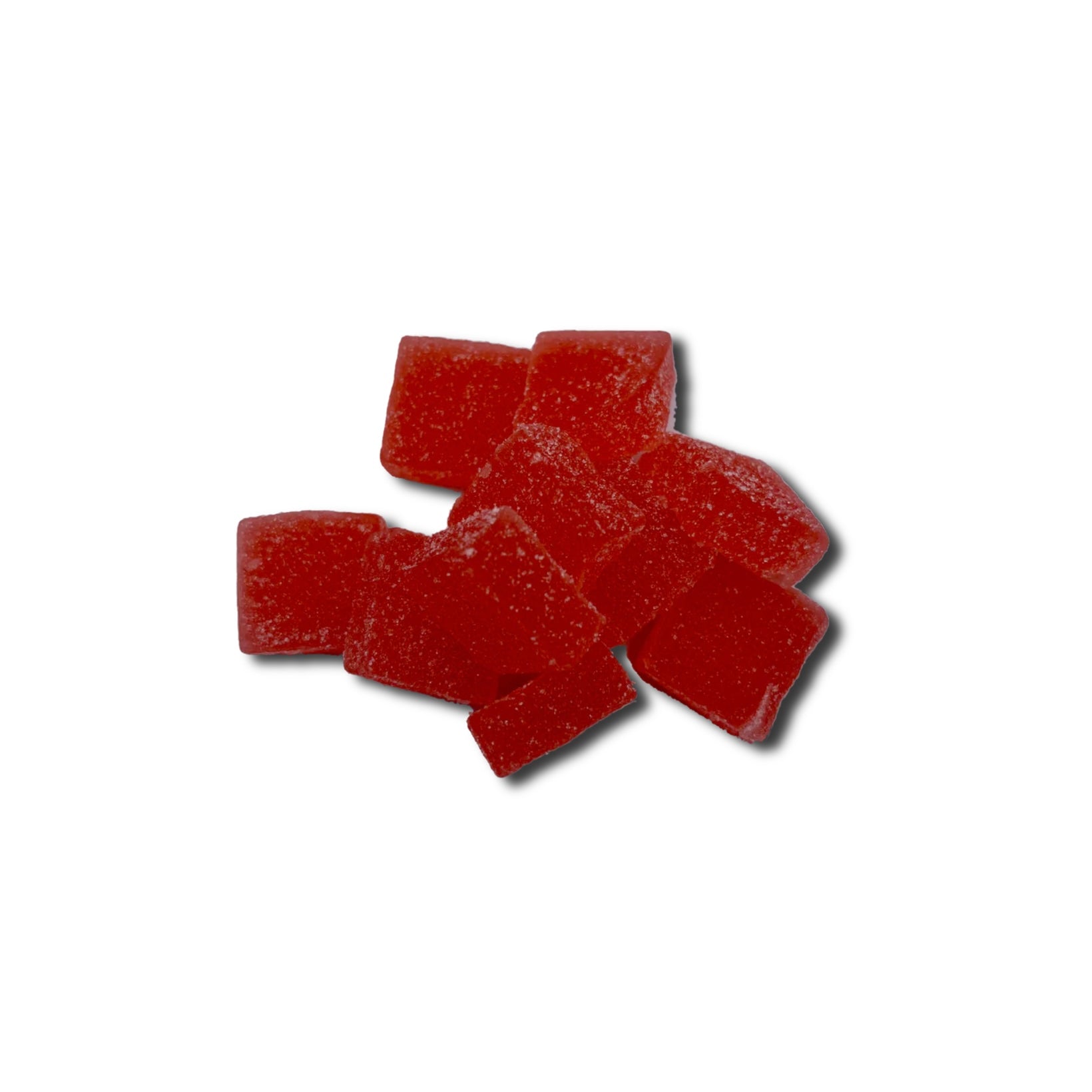 A small pile of SasquaTHCa Cherry Pineapple Gummies, showcasing their vibrant red color, chewy texture, and sweet-tropical THCa-infused flavor.