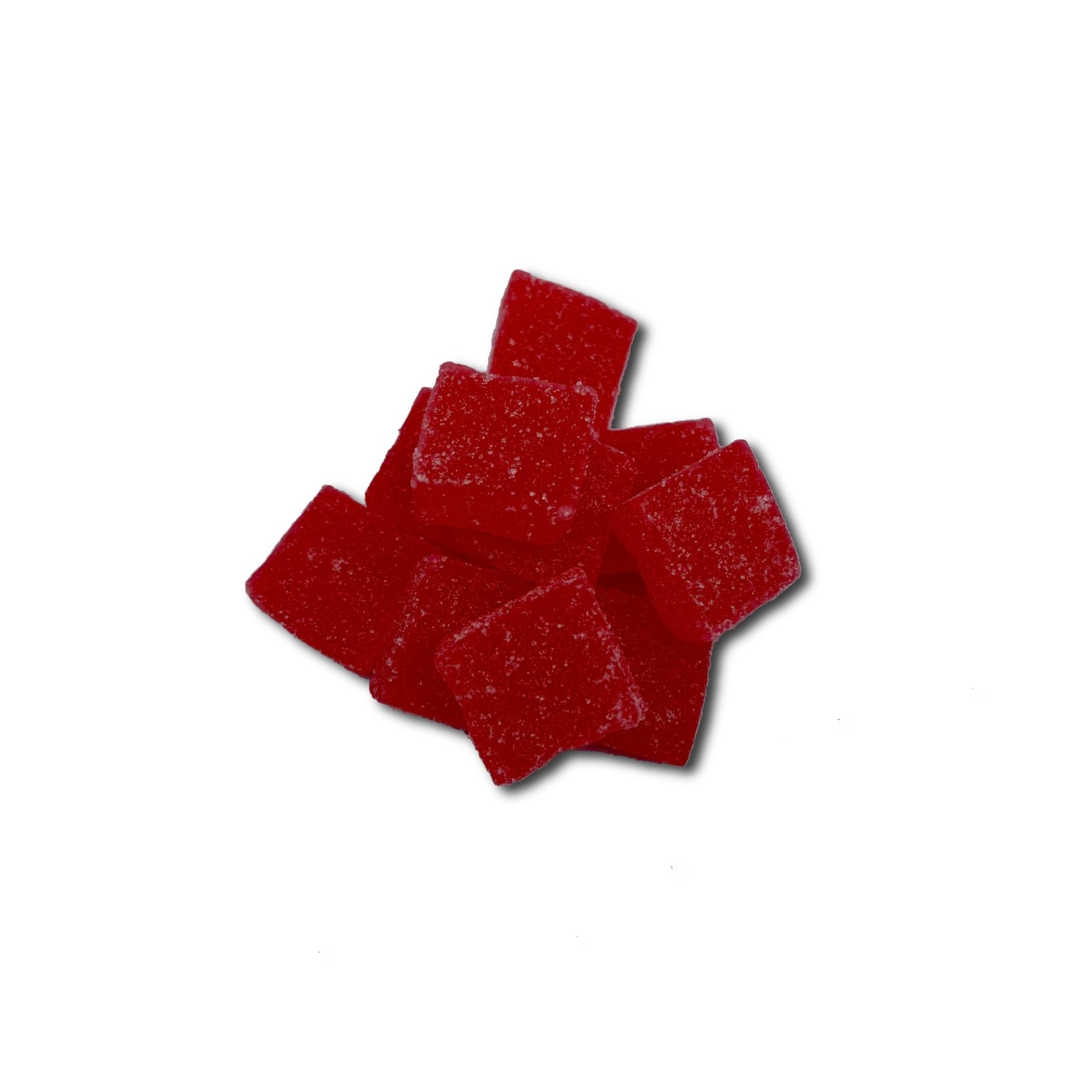 A small pile of SasquaTHCa Fruit Punch Gummies, showcasing their bright red color, chewy texture, and bold tropical fruit flavor infused with THCa.