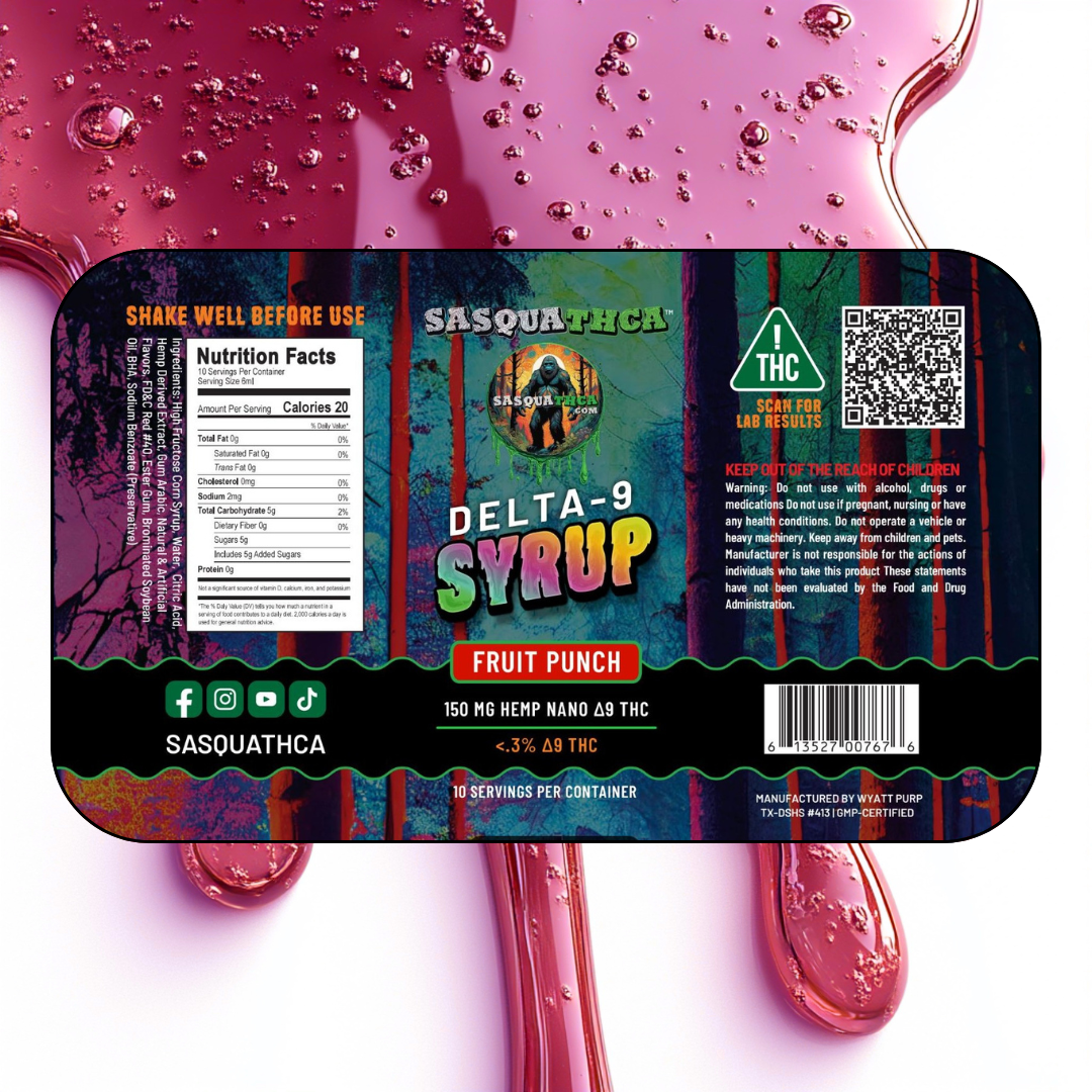 SasquaTHCa Fruit Punch Syrup featured image with the label at the center, surrounded by a vibrant red syrup dripping, capturing the bold and refreshing fruit punch flavor of this THCa-infused liquid edible.