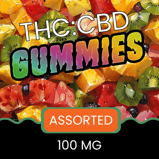 Assorted colorful gummies with 'THC:CBD Gummies' text and '100 MG' label.