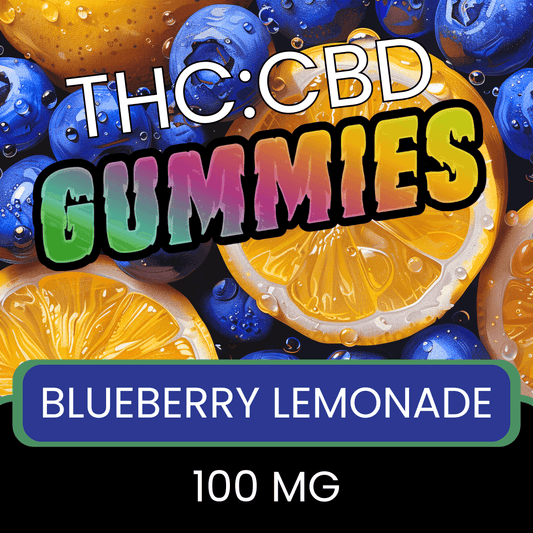 Promotional image for THC:CBD gummies labeled 'Blueberry Lemonade' with colorful text and fruit imagery.
