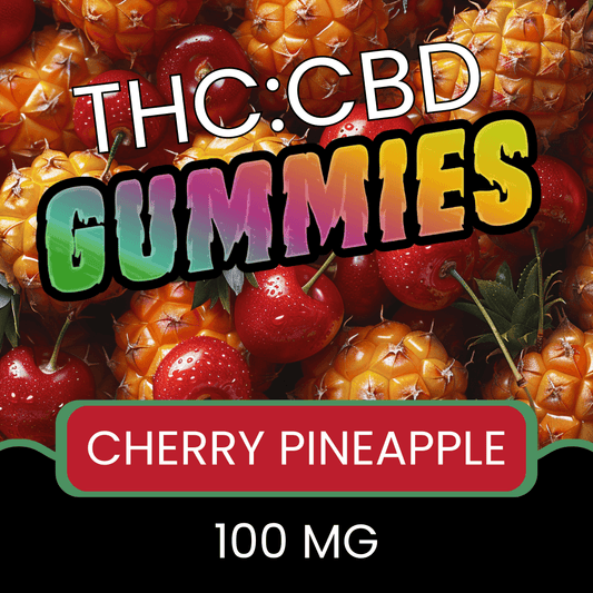 Cherry pineapple flavored THC:CBD gummies with colorful text and '100 MG' label.