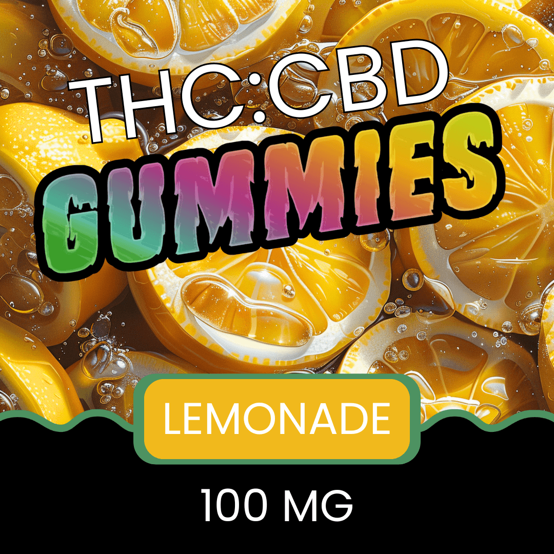 Lemon gummies with THC:CBD text and lemonade flavor label.