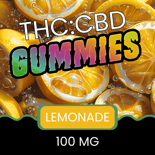 Lemon gummies with THC:CBD text and lemonade flavor label.