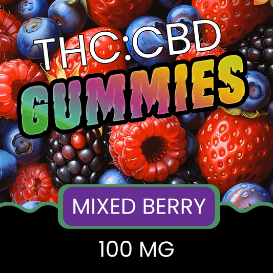 Colorful mixed berry gummies with THC:CBD text and '100 MG' label.