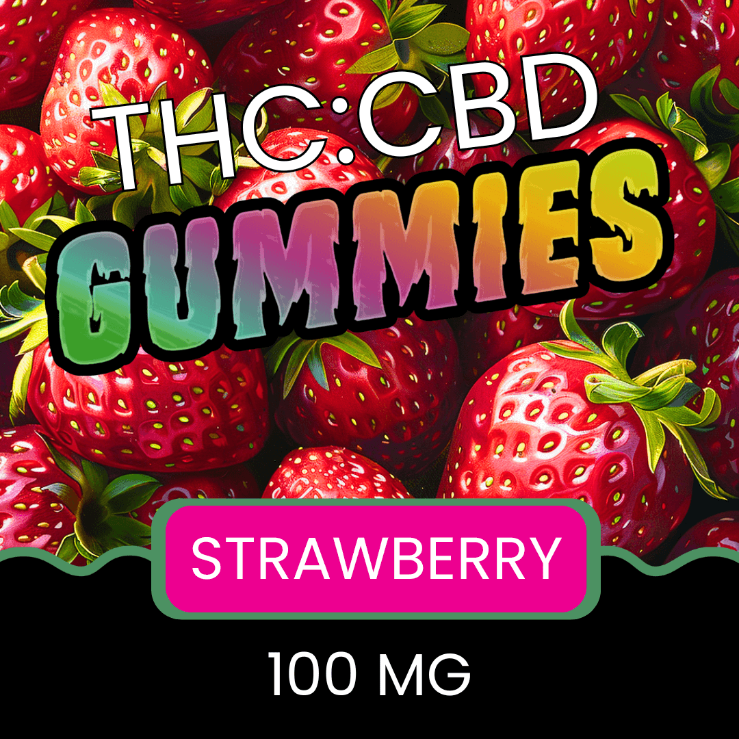 Strawberries with THC:CBD Gummies text and 'Strawberry 100 MG' label on a black background