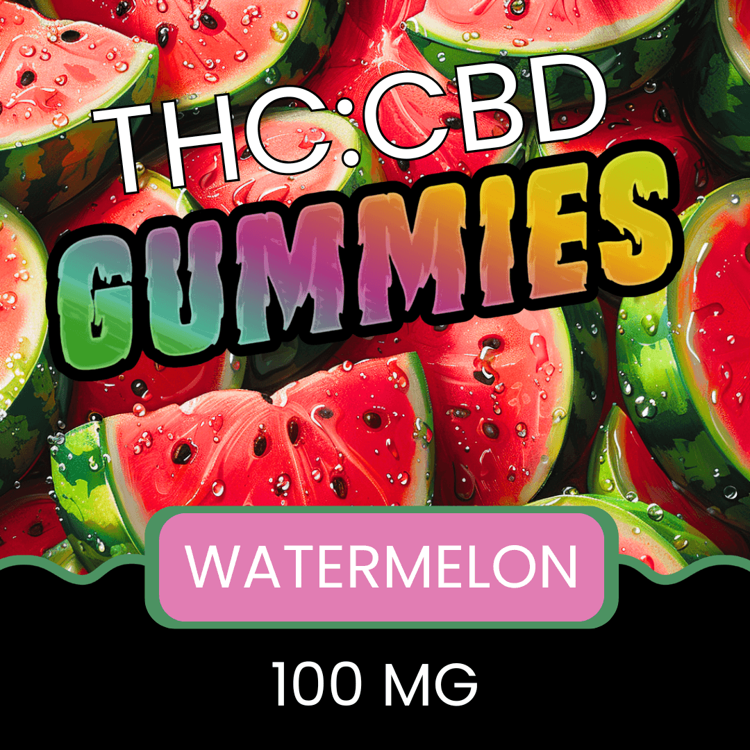 Promotional graphic for THC:CBD gummies with watermelon flavor and 100 MG content.