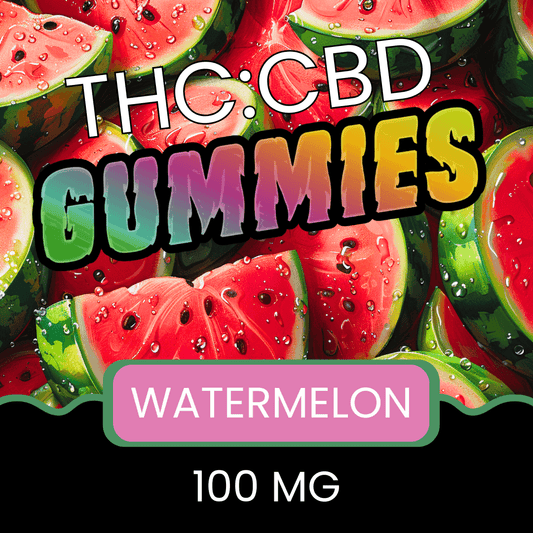 Promotional graphic for THC:CBD gummies with watermelon flavor and 100 MG content.