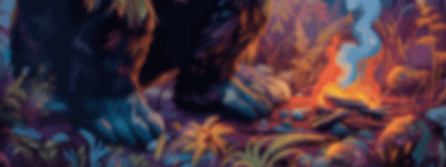 Colorful illustration of sasquatch near a campfire with flames and smoke.