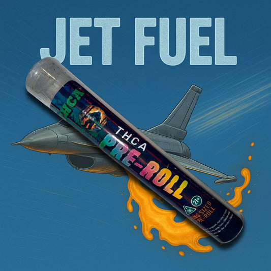 THCA pre-roll with jet fuel text and airplane graphic on a blue background