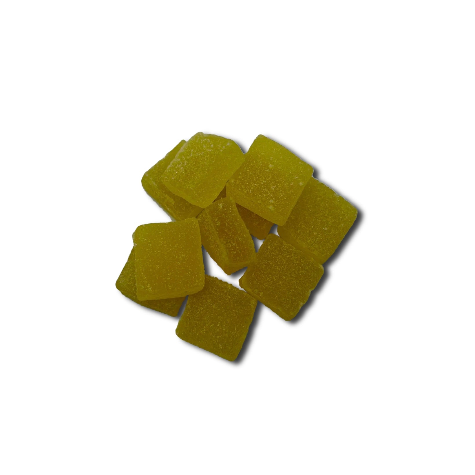 A small pile of SasquaTHCa Lemonade Gummies, featuring their vibrant yellow color, chewy texture, and tangy-sweet citrus flavor infused with THCa.