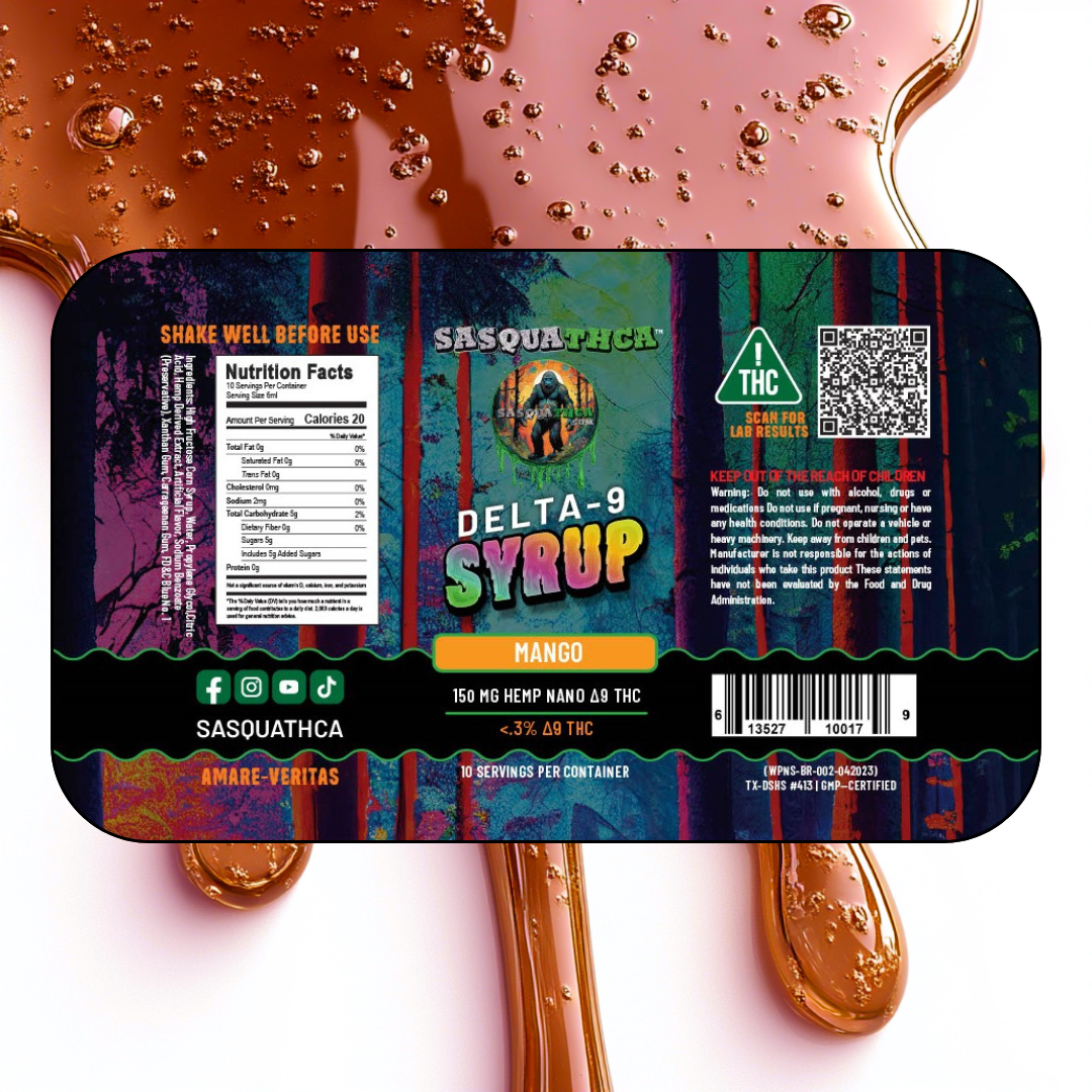 SasquaTHCa Mango Syrup featured image with the label at the center, surrounded by a rich orange syrup dripping, emphasizing the sweet, juicy, and tropical mango flavor of this THCa-infused liquid edible.