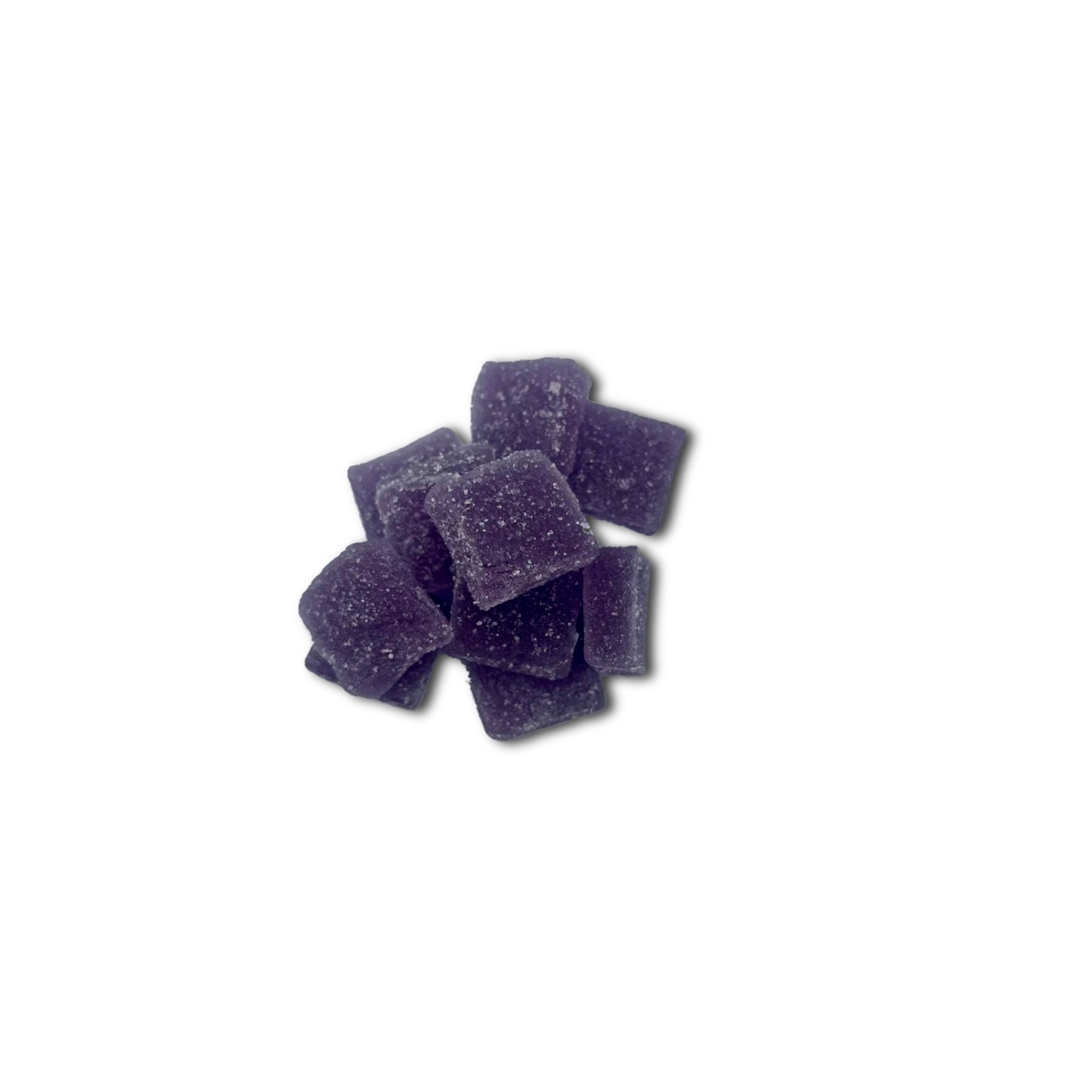 A small pile of SasquaTHCa Mixed Berry Gummies, showcasing their purple, and blue hues, chewy texture, and vibrant berry flavor infused with THCa.