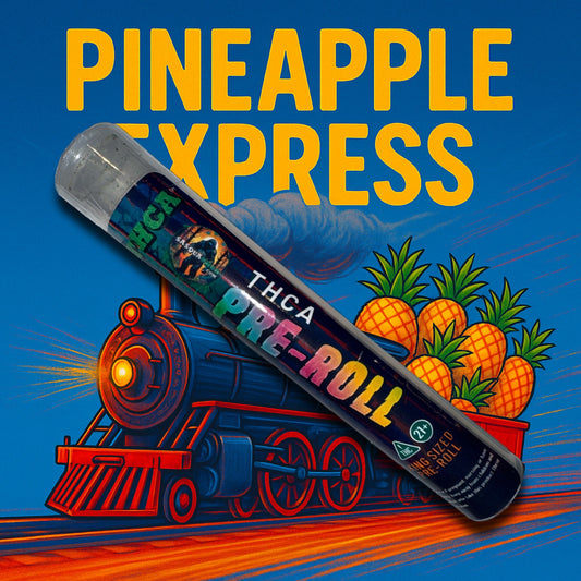 THCA pre-roll packaging with pineapples and a train on a blue background