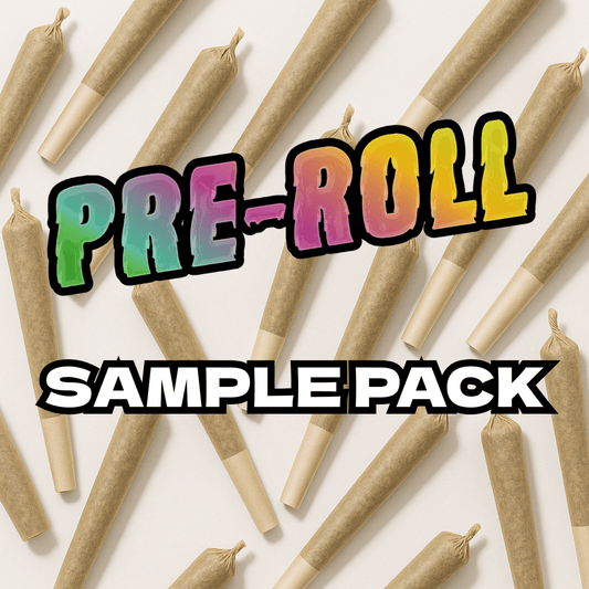 Pre-rolled joints with 'PRE-ROLL SAMPLE PACK' text on a white background