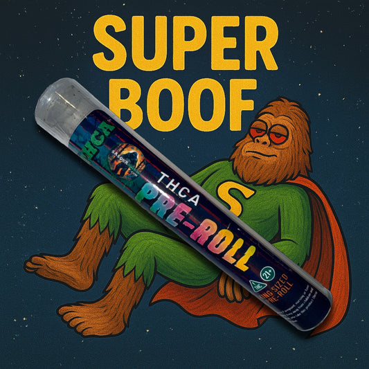 Superboof THCA pre-roll with cartoon Sasquatch character on a dark background