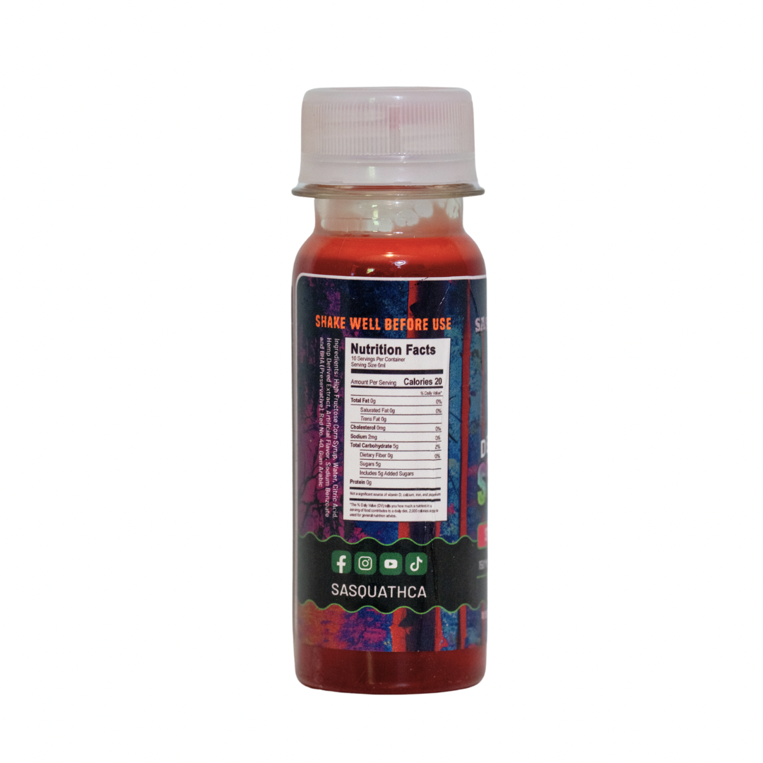 Back view of SasquaTHCa Strawberry Syrup bottle, displaying product details, nutritional information, ingredients, and usage instructions for this THCa-infused liquid edible.