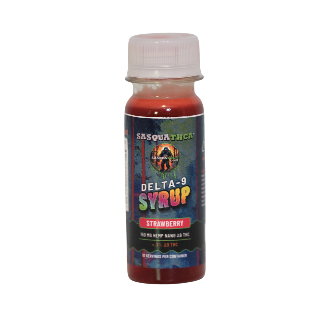 Front view of SasquaTHCa Strawberry Syrup bottle, featuring a vibrant red label design that highlights the sweet and juicy strawberry flavor of this THCa-infused liquid edible.